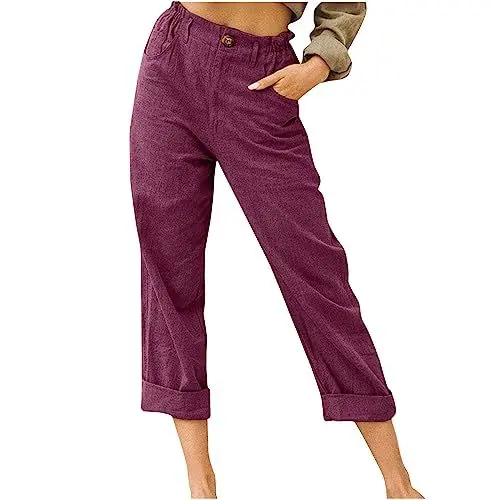 Produktbild: befristetes Angebot Heute Leinenhose Damen Lange Leicht Sommerhose Luftige Loose Fit Hosen Baumwolle Leinen Stoffhose Casual Einfarbig Capri Hose mit Taschen Strandhose Elegant Freizeithose