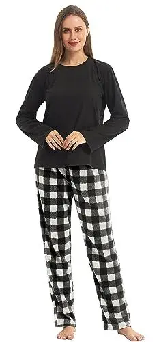 Produktbild: BEGIANT Winter-Pyjamas Damen Pyjamas Set Ultra Soft Microfleece Langarm Top & Fleece Checked PJs Bottoms Pyjamas für Frauen Lounge Wear Sets 2 Stück
