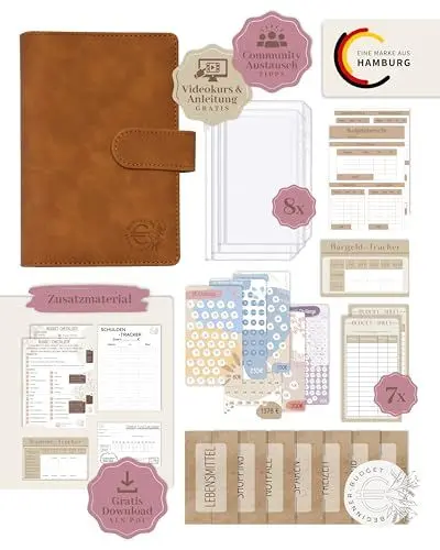 Produktbild: BeginnerBudget® Budget Planner Deutsch - Starterset mit Sparchallenge Budgetplaner - Sparen mit Umschlagmethode + Anleitung - Ringbuch A6 - Binder A6 Wildleder-Style (Braun)