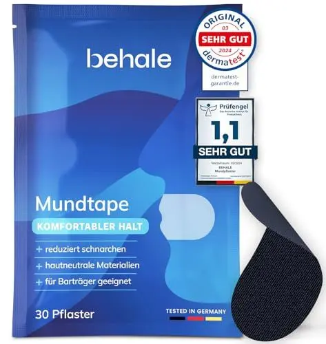 Produktbild: Behale - 30x Mundpflaster gegen Schnarchen - Mouth Tape for sleeping I Anti schnarch Unterstützung I Schnarchstopper mit Stärke auf für Bartträger I Mundpflaster schlafen