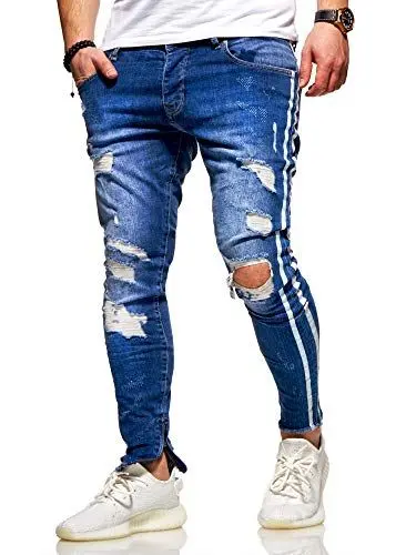 Produktbild: behype. Herren Destroyed Stretch Jeans-Hose im Used-Look mit Side-Stripe 80-4069 Blau W32/L32