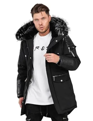 Produktbild: behype. Herren langer Parka warme Winterjacke mit Kapuze & Kunstfell Jacke Mantel SD_019-Schwarz-Black-S