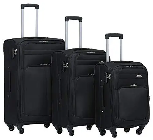 Produktbild: BEIBYE Leichter Stoffkoffer Kofferset Trolley Außentaschen Dehungsfuge mehr Stauraum mit Zahlenschloss (Schwarz, Set)