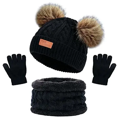 Produktbild: Wintermütze Schal Handschuhe Mädchen Set Kindermütze Strickmütze Mütze Jungen Warme Winter Beanie Hut runder für Kinder 3-8 Jahre