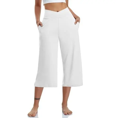 Produktbild: Beige Hose Damen Yogahose Damen Weites Bein Sommerhose Damen Lang Sommerhose Damen Lang Culotte Damen Sommer 3/4 Leinenhose Damen Schwarz Sommer Hose Damen Viskose-Hose für Weiß 2XL