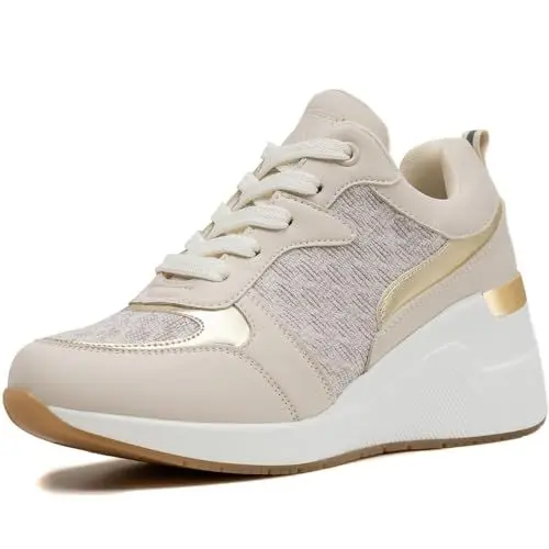 Produktbild: Beige Keilabsatz Turnschuhe für Frauen - Hochhackige Keil Tennisschuhe rutschfest Frauen Mode Turnschuhe W142-FN-DE-BEIGE-40