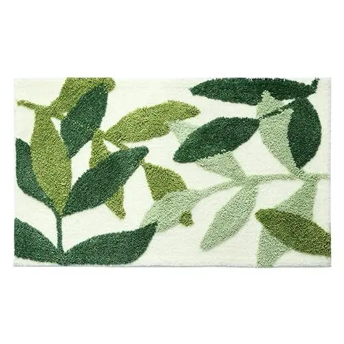 Produktbild: BEIJIALY Badezimmerteppiche, Badezimmermatte, rutschfest, Dick, Weich, Schnell Trocknend, Grüne Blätter, Polyester-Duschbadematte, Maschinenwaschbarer, Saugfähiger(45 X 65cm / 17.7 X 25.6in-Grün)