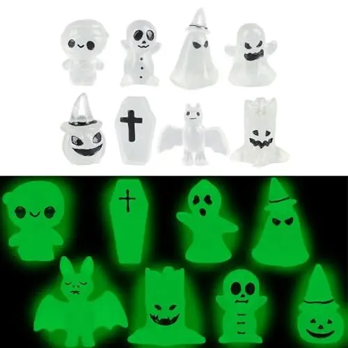 Produktbild: BEIJIALY Halloween-Miniaturfiguren, Miniaturfigur Leuchtender Geist, 8 Stück Halloween-Ornamente, Miniatur-Leuchtgrabstein, Kürbisschädel, Geistergartendekoration