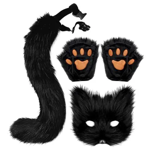 Produktbild: BEIJIALY Katze Therian Maske und Schwanz Handschuhe Set, Kunstpelz Katze Wolf Cosplay Kostüm Set, Frauen Halloween Kostüm, Cosplay Tier Party Kostüm (Schwarz)