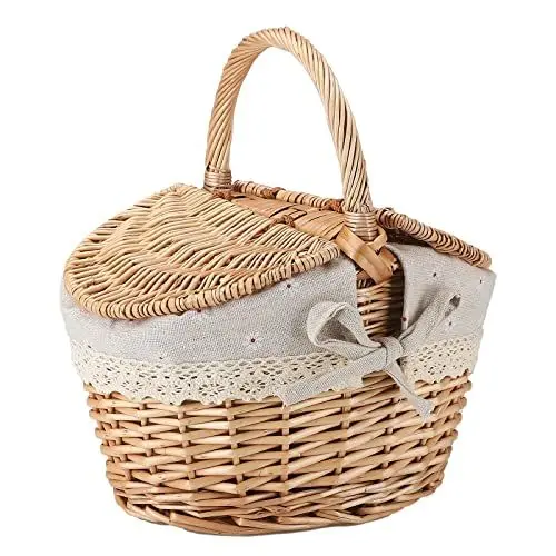 Produktbild: BEIJIALY Picknickkorb mit Liner, Geteilter Deckel, Picknickkorb, Gewebte Körbe mit Griffen, Picknick-Aufbewahrungskorb mit Doppelten Deckeln, Beige, Weide, Leinenbaumwolle