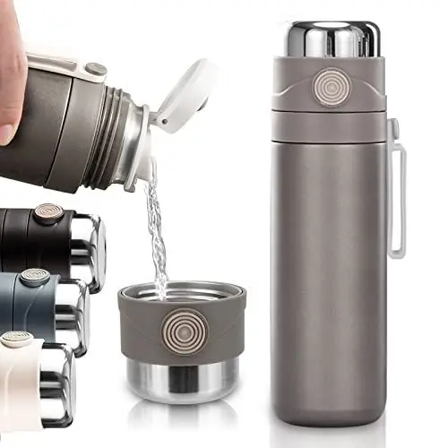 Produktbild: BEIJIE Thermosflasche mit Becher, Auslaufsicher Thermoskanne Unterwegs mit Sieb, Isolierflasche Teeflasche 500ml | Thermo Trinkflasche Edelstahl für Sport, Laufen, Wandern, Reisen, Camping, Grau
