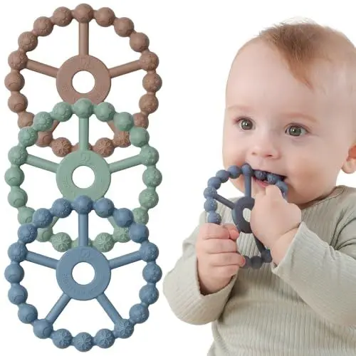 Produktbild: Seposeve Beißring 3er Pack, Kühlend Silikon Greifling Spielzeug Ab 9 Monaten, Babygeschenke 6-12, 12-24 Monate, BPA-FREI, Braun Grün Blau