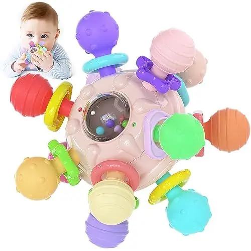 Produktbild: Tokiyis Beißring Spielzeug aus Silikon ab 0-6 Monate, Sensorik Rassel Babyspielzeug Teether Ball ab 3 Monate, Geschenk ab 3 6 9 Monate, pink