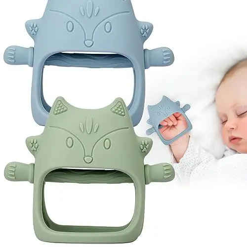 Produktbild: Beißspielzeug für Babys – 2 Stück Beißhandschuh für Babys, Babyspielzeug 3 Monate, Silikon-Beißring für Kleinkinder, Jungen, Mädchen, Dusche, Geschenke, Zahnenentlastung, Kauspielzeug (Ether + Salbei)