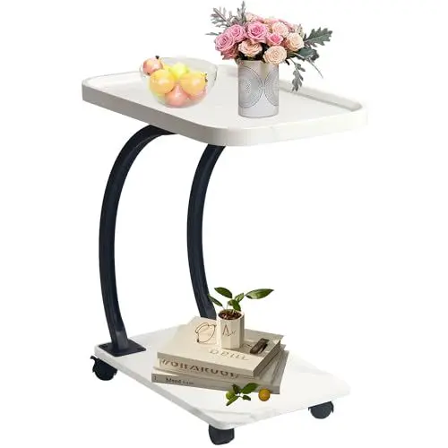 Produktbild: Beistelltisch C Form | Beistelltisch Couch mit Rollen | Kleiner Couchtisch Holz haben Metallgestell | Industrie-Design 52 X 34 X 60 cm | Beistelltische fürs Wohnzimmer für Kaffee und Laptop (Weiß)