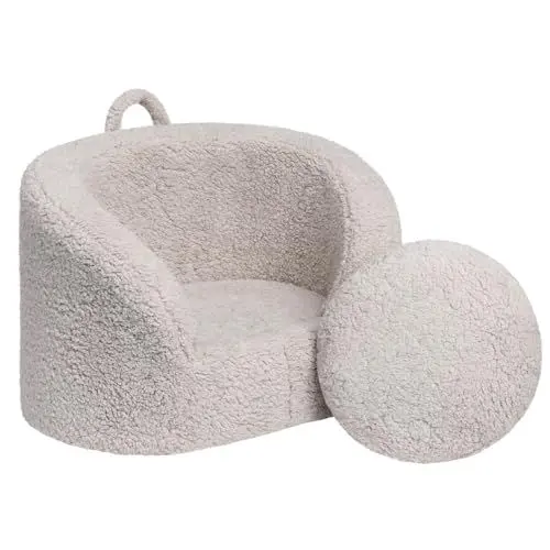 Produktbild: BEJOY kindersofa Padded kindercouch with Snug Foam, Ergonomic kinderzimmer möbel mit runden Kissen für Jungen und Mädchen, hellgrau.