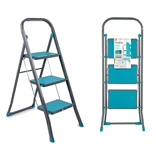 Produktbild: Beldray LA024510TQFEU7 3 Stufen Leiter - Klappbar/kompakt 105cm hohe Tritthocker, 150kg max Trittleiter mit Handläuf, rutschfeste Stehleiter, Leicht für außen/innen Reinigung, Dekorieren, Lackieren