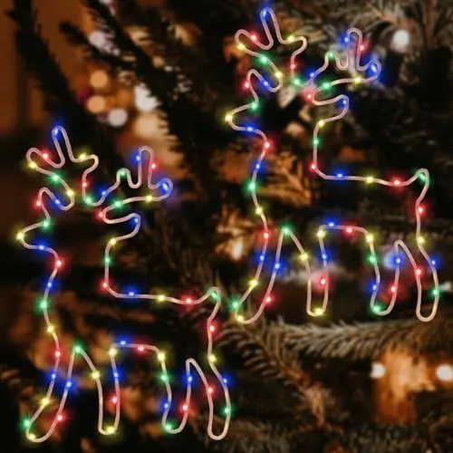 Produktbild: Beleuchtet Rentier Weihnachtsdeko, 120 LED Bunt Fenster Beleuchtung Lichterketten, 8 Modi Mit Timer Batterie Leuchte Deko Hängen Weihnachtsbeleuchtung Halloween, Vorhang, Balkon, Hochzeit (2 Stück)