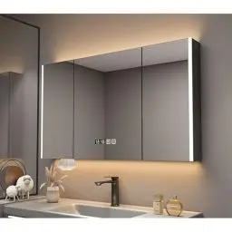 Produktbild: Beleuchtet Spiegelschrank Bad Wandschrank Modern Intelligenter Kosmetikspiegel Mit Stauraum LED-Uhr Antibeschlag Touch-Schalter/Uhr- Und Temperaturanzeige/Defogger/Papierlöcher(Gray,90cm)