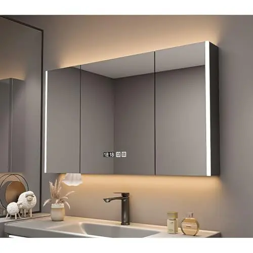 Produktbild: Beleuchtet Spiegelschrank Bad Wandschrank Modern Intelligenter Kosmetikspiegel Mit Stauraum LED-Uhr Antibeschlag Touch-Schalter/Uhr- Und Temperaturanzeige/Defogger/Papierlöcher(Gray,90cm)