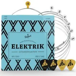 Produktbild: BELFORT® E-Gitarren-Saiten - Erstklassige Nickel-Gitarrensaiten für E-Gitarre (6-Saiten-Set) | inkl. 4 Plektren + Extra hohe E-Saite (Saiten E-Gitarre, Guitar Strings) E Gitarre Zubehör