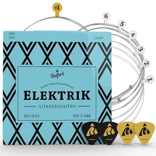 Produktbild: BELFORT® E-Gitarren-Saiten - Erstklassige Nickel-Gitarrensaiten für E-Gitarre (6-Saiten-Set) | inkl. 4 Plektren + Extra hohe E-Saite (Saiten E-Gitarre, Guitar Strings) E Gitarre Zubehör