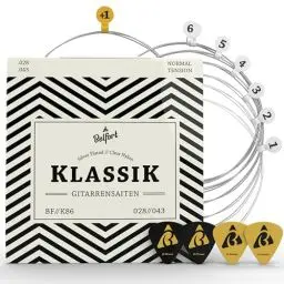 Produktbild: BELFORT® Gitarrensaiten Konzertgitarre, Saiten für klassische Gitarre aus Nylon und Silber, Akustikgitarre (6-Saiten Set) - Inkl. 4 Plektren + extra hoher E-Saite