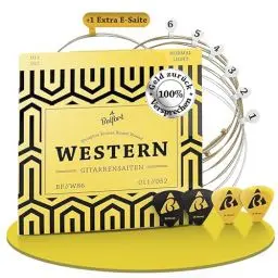 Produktbild: BELFORT® Gitarrensaiten für Westerngitarre - Premium Phosphor-Bronze (7 Saiten-Set) für Western-Gitarre & Akustikgitarre BONUS: 4 Plektren + Extra hohe E-Saite (Gitarrensaiten Akustikgitarre)