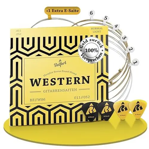Produktbild: BELFORT® Gitarrensaiten für Westerngitarre - Premium Phosphor-Bronze (7 Saiten-Set) für Western-Gitarre & Akustikgitarre BONUS: 4 Plektren + Extra hohe E-Saite (Gitarrensaiten Akustikgitarre)
