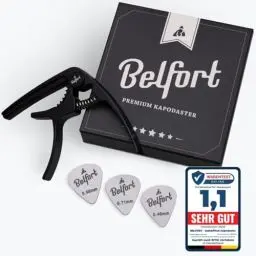 Produktbild: BELFORT® Original QuickPitch Kapodaster für Gitarre + 3 Plektren + Gratis eBook ☆ Kinderleichte Bedienung ☆ Capo für Gitarre - Westerngitarre, Akustikgitarre, Konzertgitarre, E-Gitarre & Ukulele