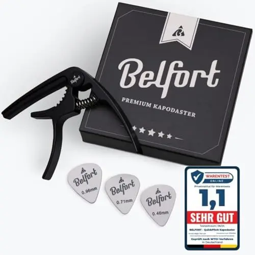 Produktbild: BELFORT® Original QuickPitch Kapodaster für Gitarre + 3 Plektren + Gratis eBook ☆ Kinderleichte Bedienung ☆ Capo für Gitarre - Westerngitarre, Akustikgitarre, Konzertgitarre, E-Gitarre & Ukulele