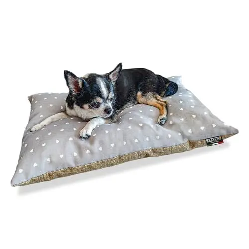 Produktbild: BELIAMO Hundehütte Kleine Größe S 40x60 cm, Weiches Kissen für Hunde und Katzen Leicht Waschbar, Reversible Hundebett, Made in Italy, Beige und Grau Herzen - Pippo