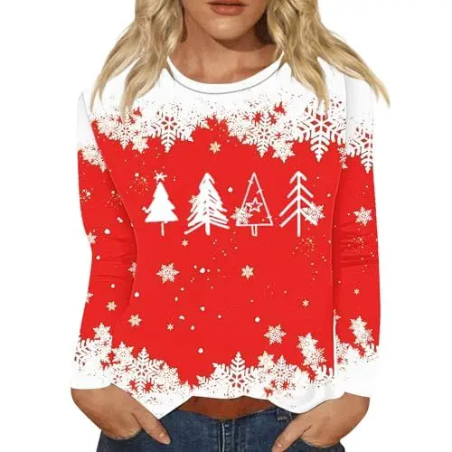 Produktbild: Beliebte Pullover Damen Christmas Top for Women 2024 Printed Casual Crewneck Long Sleeve Tops Oberteil V Ausschnitt Damen 𝐋angarm 𝐋angarmshirt Damen Rollkragen (Red, S)