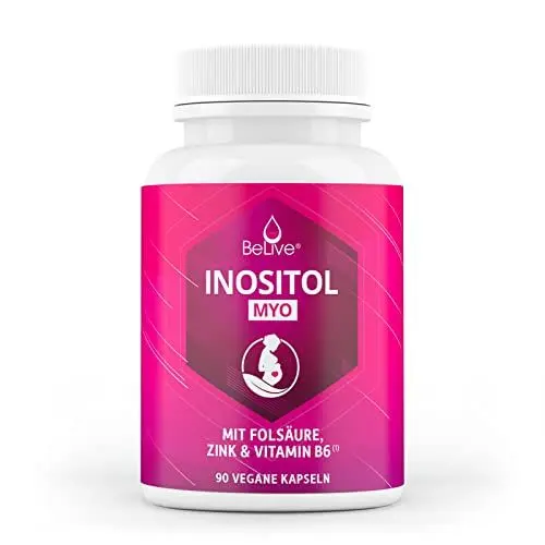 Produktbild: BELIVE Inositol Myo - Für Kinderwunsch, auch bei Zyklusstörungen durch PCO Syndrom – Myo-Inositol mit Folsäure, Vitamin B6 und Zink - Hochdosiert, Hormonfrei, Vegan, Zuckerfrei - 90 Inositol Kapseln