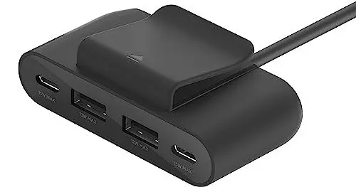 Produktbild: Belkin 4-Port USB-Splitter mit 2-m-Kabel, 2 USB-C- und 2 USB-A-Ports, USB-Adapter mit 30 W Leistung, Schnellladen des iPhone 14 und Samsung Galaxy S23, umweltfreundliche Ausführung, abnehmbarer Clip