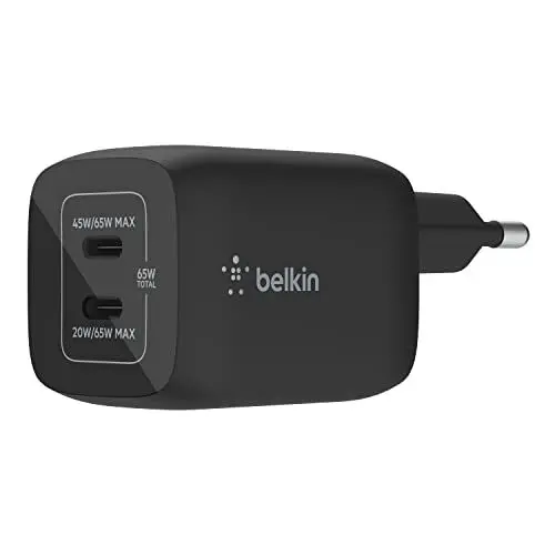 Produktbild: Belkin 65-W-USB-C-Ladegerät mit 2 Ports, Schnellladen mit Power Delivery 3.0 und GaN-Technologie für iPhone 16/15, Plus, Pro, Pro Max, iPad Pro, Air, MacBook, Galaxy S24, Plus, Ultra, Tab, Pixel, usw.