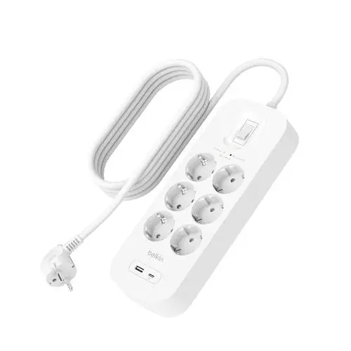 Produktbild: Belkin 6-Fach Steckdosenleiste mit Überspannungsschutz, Wandmontage, 6 Steckdosen, 2-m-Netzkabel, grüne Leuchtanzeige, USB-C- und USB-A-Anschluss mit USB-C PD zum Schnellladen·· Schutz für 650 Joule