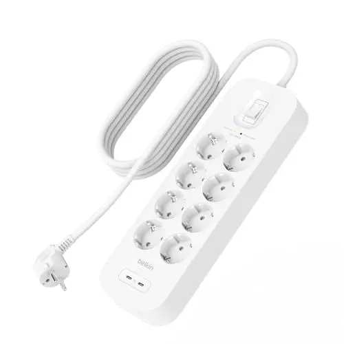 Produktbild: Belkin 8-Fach Steckdosenleiste mit Überspannungsschutz, Wandmontage, 8 Steckdosen, 2-m-Netzkabel, grüne Leuchtanzeige, 2 USB-C-Anschlüsse mit USB-C PD zum Schnellladen·· Schutz für 900 Joule