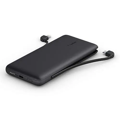 Produktbild: Belkin BOOSTCHARGE Plus 10K tragbares Ladegerät und Powerbank (10.000 mAh mit integriertem Lightning- (MFI) und USB-C-Kabel und zusätzlichem USB-C-Ladeanschluss) – Schwarz