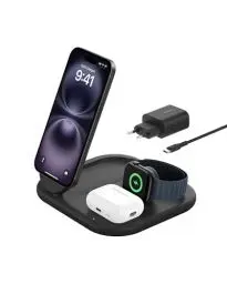 Produktbild: Belkin BoostCharge 3-in-1 Ladegerät mit Qi2 (15W), klappbare, MagSafe-kompatible, induktive Ladestation für iPhone 16, 15, 14, Apple Watch, AirPods, rutschfest, Schnellladen, mit Netzteil – Schwarz