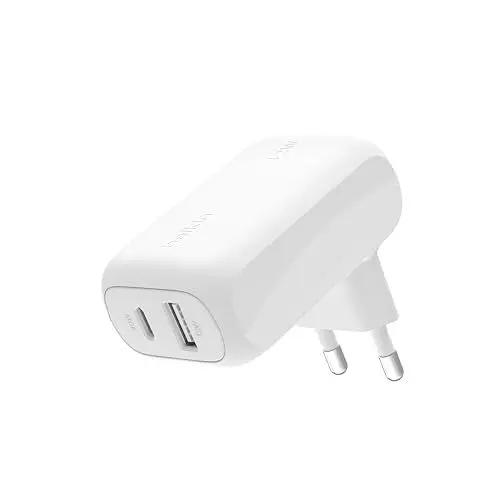 Produktbild: Belkin BoostCharge 42-W-USB-Ladegerät mit 2 Anschlüssen, USB-C- + USB-A-Charger·· Schnellladen für iPhone 16, 16 Plus, 16 Pro, 16 Pro Max, 15, 14, 13, Galaxy S24, S23, Plus, Ultra, iPad, AirPods – Weiß