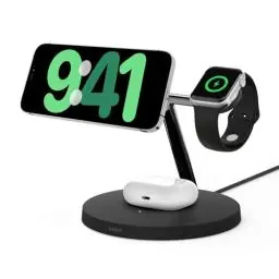 Produktbild: Belkin BoostCharge Pro 3-in-1 Wireless Charger mit Qi2 für iPhone 16, 15, 14, 13 und 12 und Apple Watch und AirPods, kabelloses Ladegerät, induktive Ladestation (bis zu 15 W) – Schwarz