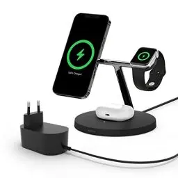 Produktbild: Belkin BoostCharge Pro drahtloses 3-in-1-Ladegerät mit MagSafe für iPhone 16, 15, 14, 13 + Apple Watch + AirPods (Magsafe Ladestation lädt iPhone 14-Modelle magnetisch mit bis zu 15 W auf) - Schwarz