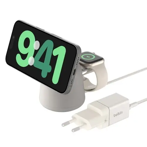 Produktbild: Belkin BoostCharge Pro kabellose 2-in-1-Ladestation mit MagSafe (15 W), MagSafe Ladegerät, kompatibel mit iPhone der Serien 16, 15, 14, 13, 12, AirPods und Anderen MagSafe-fähigen Geräten