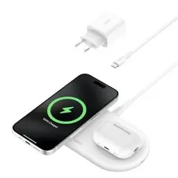 Produktbild: Belkin BoostCharge Pro kabellose 2-in-1-Ladestation mit magnetischem Qi2, 15W, Schnellladegerät, Wireless Charger kompatibel mit iPhone 16/15/14/13/12, AirPods und MagSafe-fähigen Geräten – Weiß