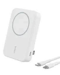 Produktbild: Belkin BoostCharge Pro kabellose Powerbank 10.000 mAh mit Qi2, MagSafe-kompatibles tragbares Ladegerät mit integriertem Ständer – für iPhone 16, 16 Plus, 16 Pro, 16 Pro Max, iPhone 15 usw. – Weiß