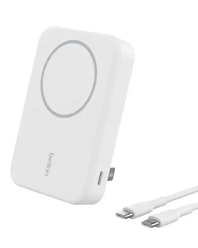Produktbild: Belkin BoostCharge Pro kabellose Powerbank 10.000 mAh mit Qi2, MagSafe-kompatibles tragbares Ladegerät mit integriertem Ständer – für iPhone 16, 16 Plus, 16 Pro, 16 Pro Max, iPhone 15 usw. – Weiß