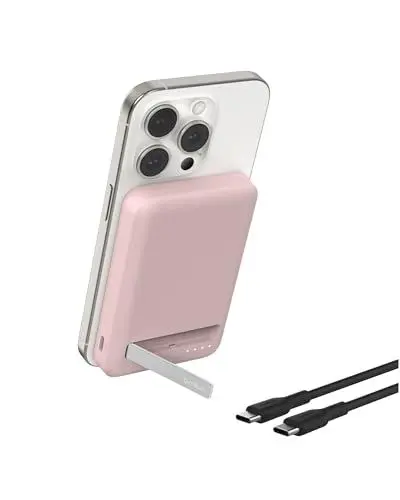 Produktbild: Belkin BoostCharge Pro kabellose Powerbank 5000mAh mit Qi2, MagSafe-kompatibles tragbares Ladegerät mit integriertem Ständer, magnetische powerbank für iPhone 16, iPhone 15, 14, 13, 12 usw. – Rosa