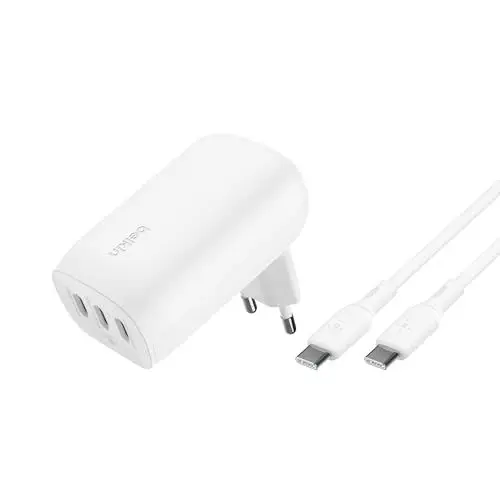 Produktbild: Belkin BoostCharge USB-C-Ladegerät mit DREI Anschlüssen und PPS (67 W), USB-C PD 3.1-fähiges iPhone-Schnellladegerät für die iPhone 16-Serie, 15-Serie, MacBook Pro, AirPods, Galaxy, USB-C/USB-C-Kabel