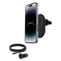 Produktbild: Belkin BoostCharge drahtloser magnetischer Kfz-Telefon-Halter, Kfz ladegerät compatibel mit MagSafe-fähigem iPhone 16, iPhone 15, iPhone 14, iPhone 13, iPhone 12 (inkl. Kabel und Ladegerät)